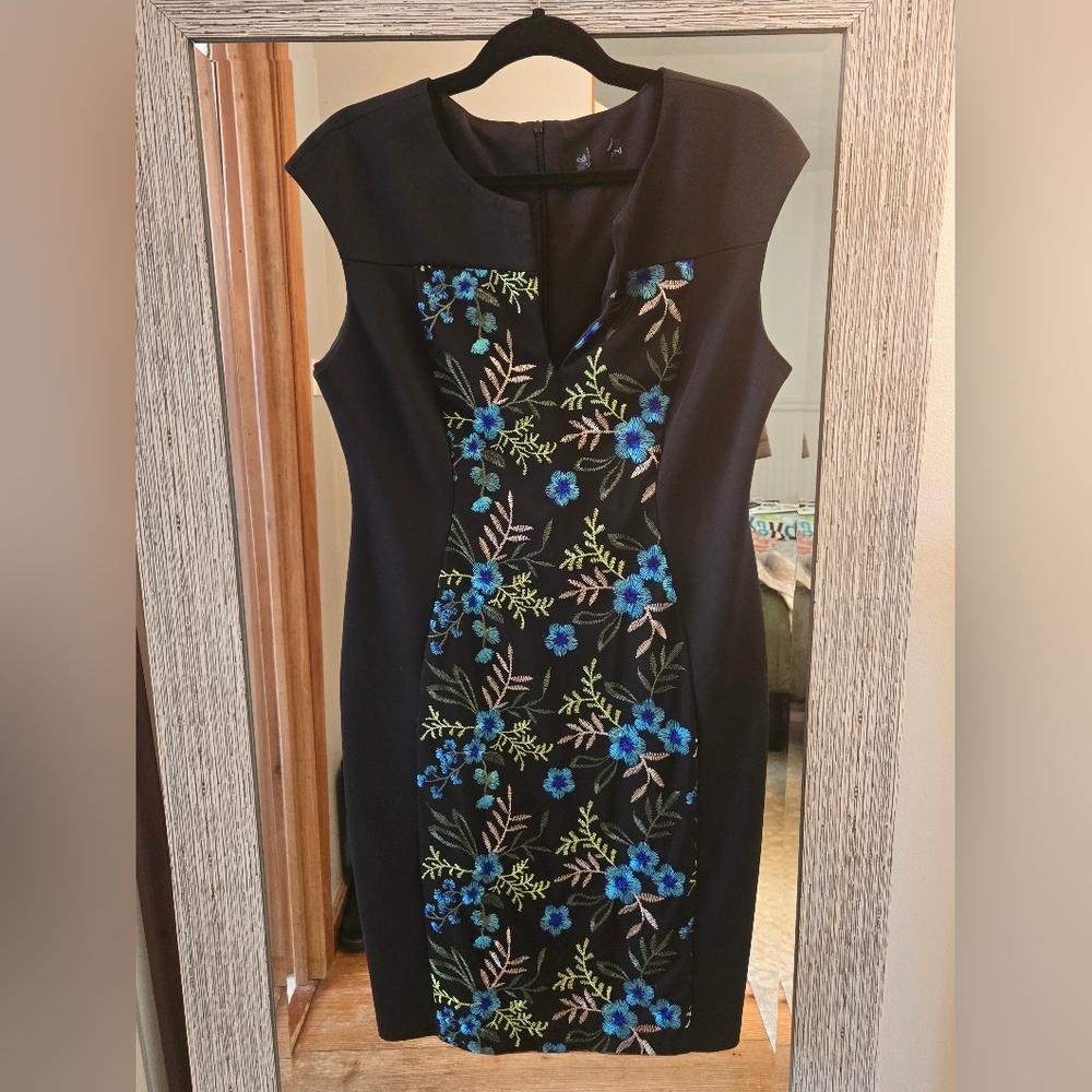 Bodycon Black Dress with Blue Floral Embroidery